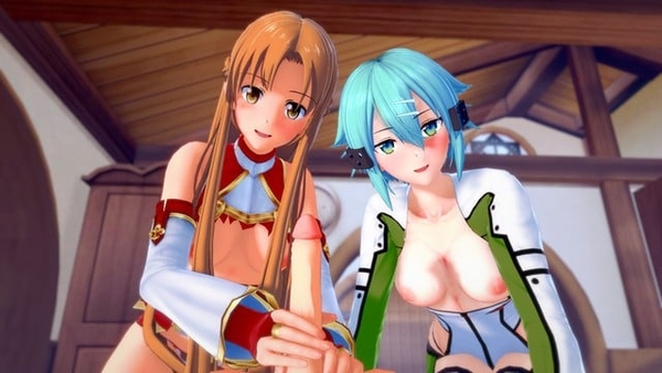 Horny Asuna and Sinon finally get what they deserve in hardcore threesome action [Femdom, Hentai, Sword Art Online (SAO)]