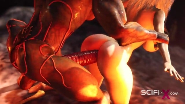 A Horny Hottie Gets Fucked By A Male Alien In The Fire Cave [3D, Alien]