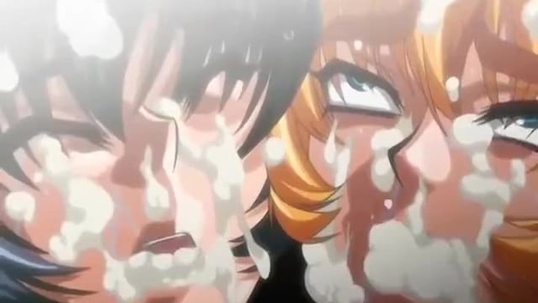 Blonde slut brutally facefucked and covered in tons of semen in hardcore bukkake action [Hentai]