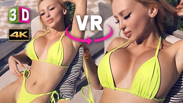 Big Fake Tits In Virtual Reality 3D 4K At The Swimming Pool - Virtual Reality Bimbo Micro Bikini Sex 360/180 [3D]