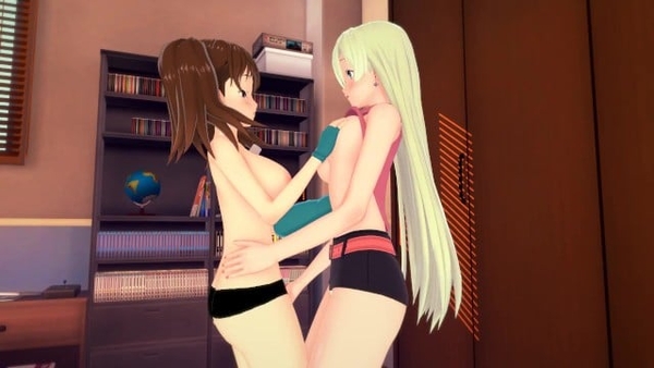 Lesbian teen Elizabeth plays with huge tits and wet pussy of her girlfriend Diane [Hentai, Seven deadly sins]